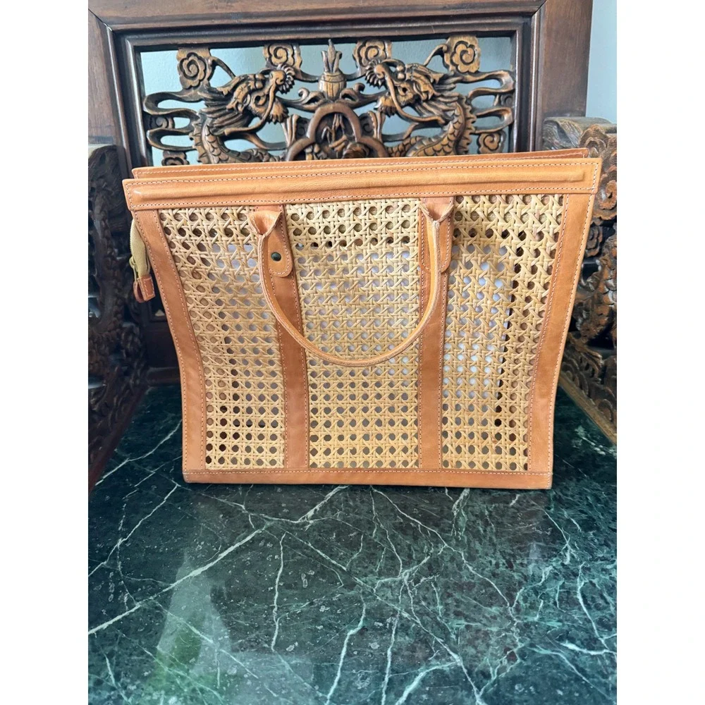 Vintage‎ Woven Wicker  BAG, leather & rattan, Palmgrens, 1900s Antique Purse